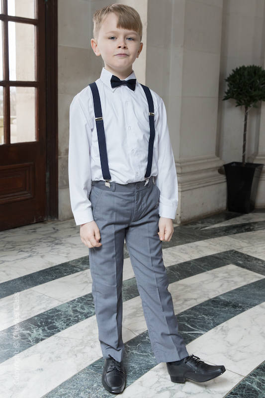 Boys Grey Trouser Suit & Navy Braces Wedding Suit Charles Class